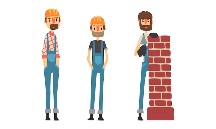 Vector male professional construction workers set team of builders in overalls cartoon vector illustration