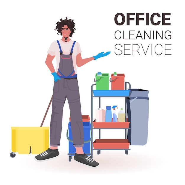 Male professional office cleaner man janitor in uniform with cleaning equipment copy space