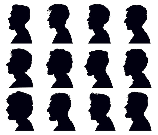 Vector male profile face silhouette. adult men anonymous characters shadow portraits