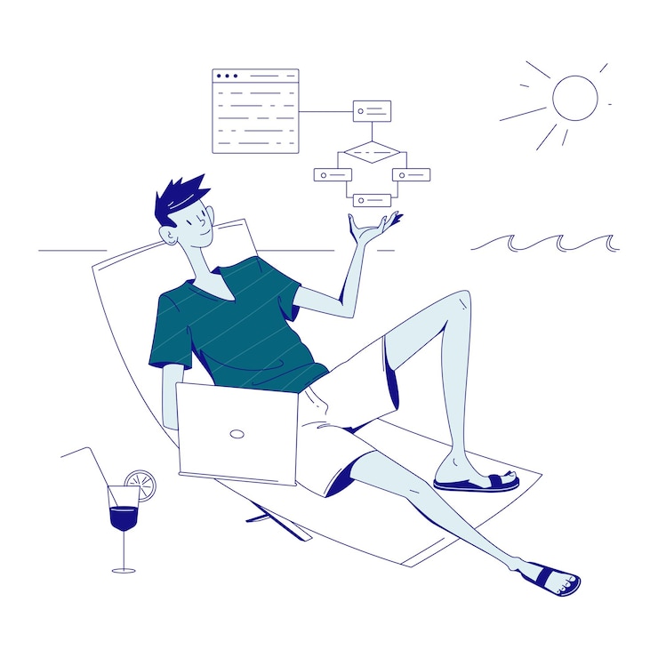 Vector male programmer works on the beach