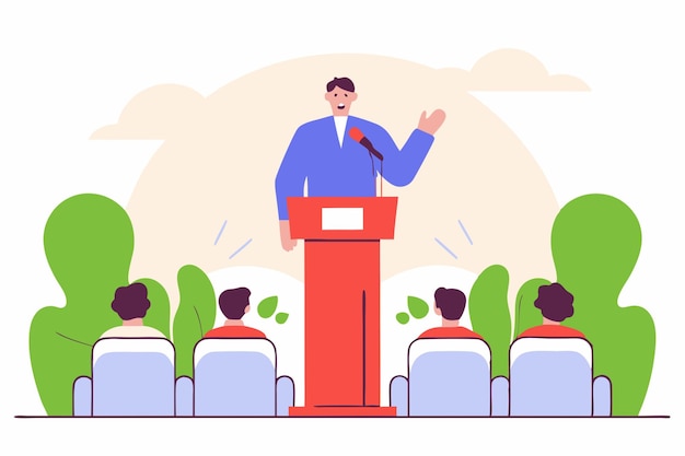 male public speaker standing on rostrum in front of audience vector flat illustration