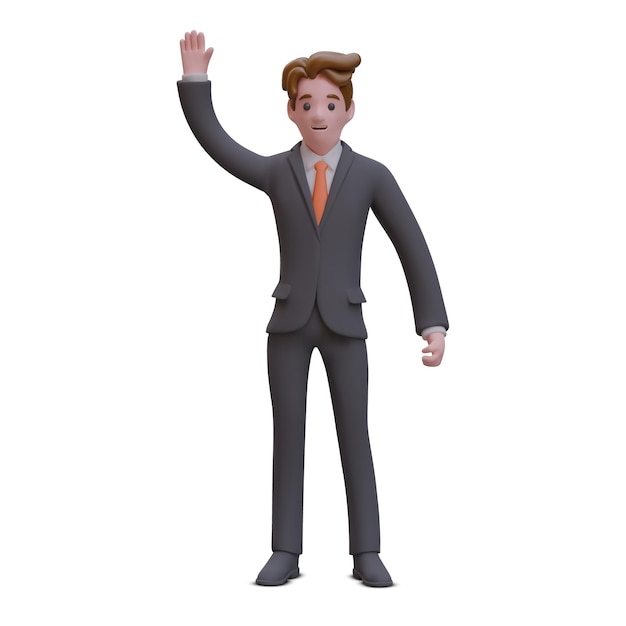 Male realistic character raised hand up Businessman waving Pay attention