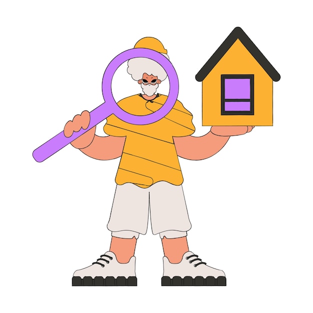 Vettore un agente immobiliare maschio sta tenendo una casa e una lente d'ingrandimento proprietà della casa