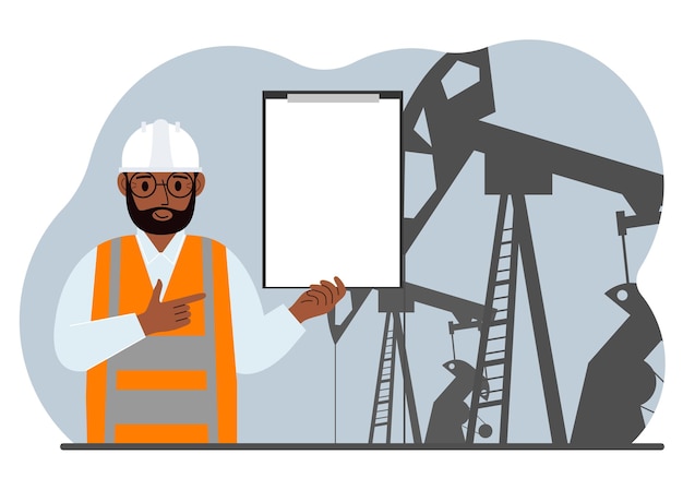 A male refinery engineer worker uses a tableted oil pumping unit energy industrial zone oil drilling vector flat illustration