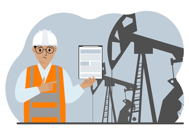 Vector a male refinery engineer worker uses a tableted oil pumping unit energy industrial zone oil drilling vector flat illustration