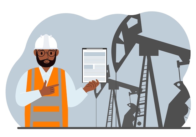 A male refinery engineer worker uses a tableted oil pumping unit energy industrial zone oil drilling vector flat illustration