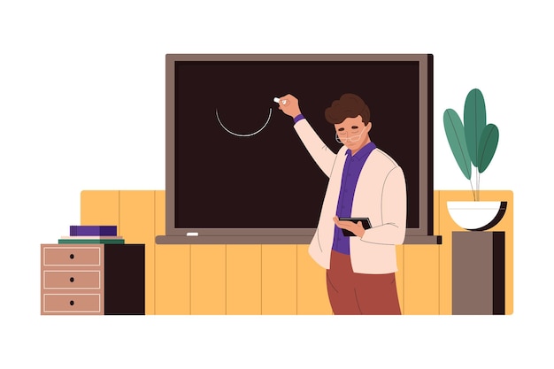 男性の学校の先生が黒板にチョークで曲線を描きます。クラスで教える男性講師