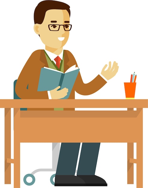 Male School Teacher Siiting at Teacher's Desk Table and Reading Book