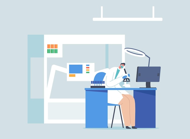 Vector male scientist character working in chemistry lab with medical equipment looking in electronic microscope, research