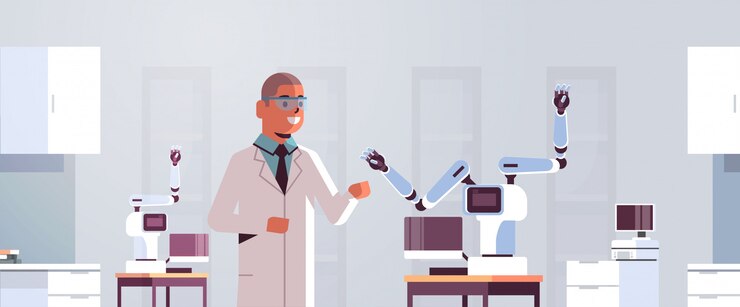 Vector male scientist near industrial robotic arm