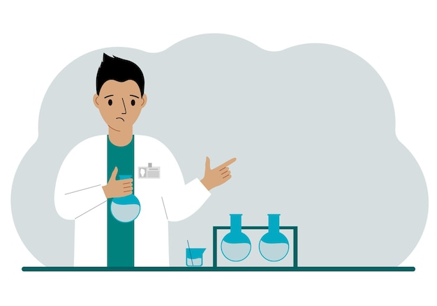 Male scientist with flasks Experimental scientist laboratory assistant biochemistry chemical scientific research Vector flat illustration for banner advertisement or web