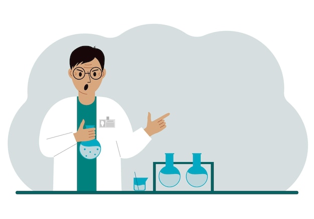 Male scientist with flasks Experimental scientist laboratory assistant biochemistry chemical scientific research Vector flat illustration for banner advertisement or web