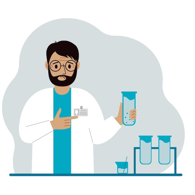 Male scientist with flasks experimental scientist laboratory assistant biochemistry chemical scientific research vector flat illustration