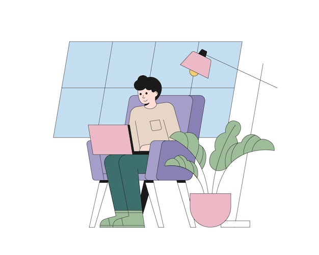 Vector male sitting in armchair holding laptop and working