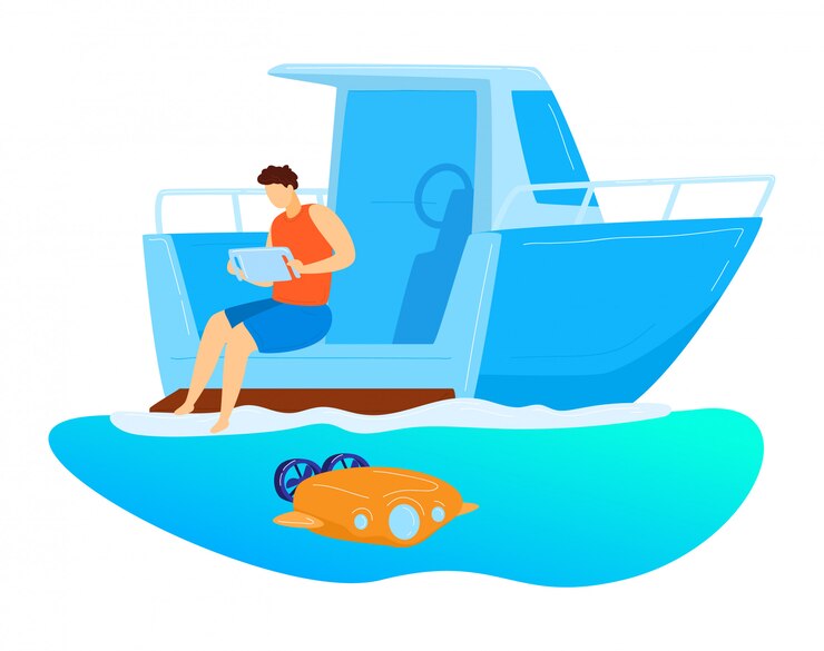 Vector male sitting yacht, remote control underwater drone, character male research ocean bottom isolated on white, cartoon illustration.