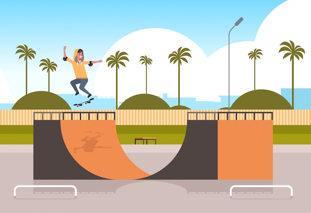 Vector male skater performing tricks in public skate board park with ramp for skateboarding teenager having fun riding skateboard landscape background flat full length horizontal