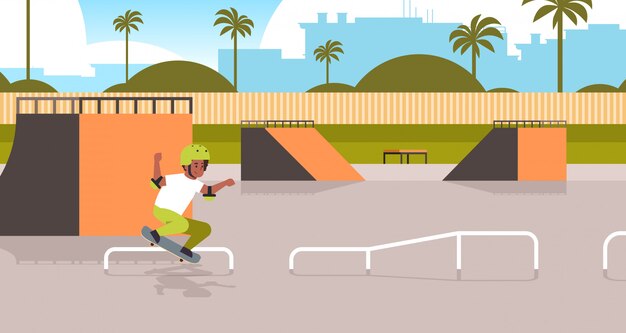 Vector male skater performing tricks in public skate board park with ramp for skateboarding teenager having fun riding skateboard landscape background flat full length horizontal