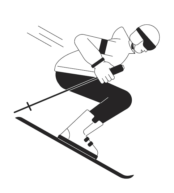 Vector male skier with poles on skis flat line black white vector character