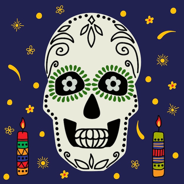 Male skull decorated for Dia De Los Muertos Handdrawn style Vector illustration