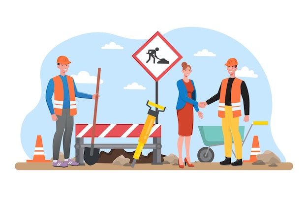 Vector male smiling builders repairing road together construction workers digging hole with shovel