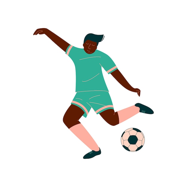 male soccer player kicking ball african american male footballer character in green sports uniform