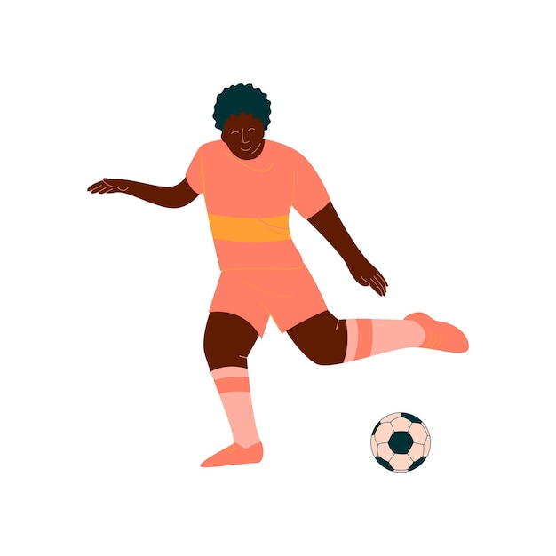 Vector male soccer player kicking ball african american male footballer character in orange sports uniform