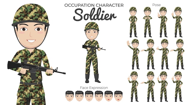 Набор символов мужчины-солдата с различными позами и выражениями лица