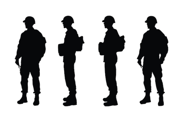 Мужчина-солдат, стоящий с вектором силуэта оружия Анонимные мужские армии без лиц, стоящие в разных позициях Современные пехотные солдаты, одетые в единый силуэт