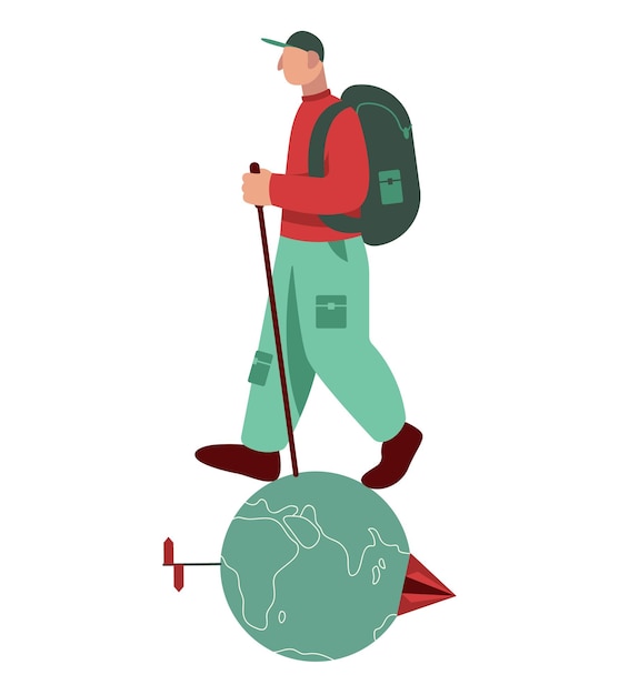 Male in sporty clothes, with backpack and special equipment traveling abroad, around world. Visiting sightseeing during holidays. Vector flat illustration in blue and red colors