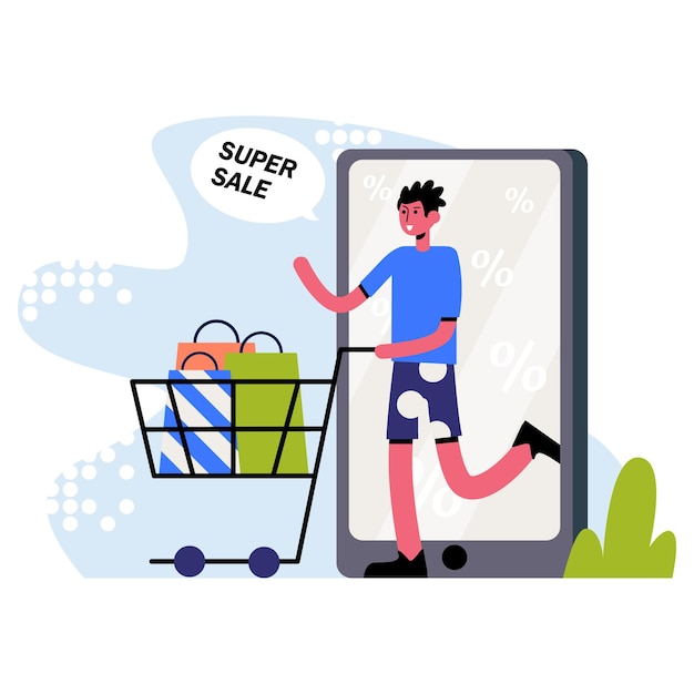 Male standing near mobile phone carry cart with purchases Buying things at big discounts