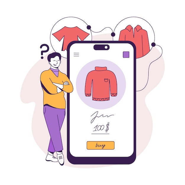 オンラインで服を買うことを考えてスマートフォンの近くに立っている男性