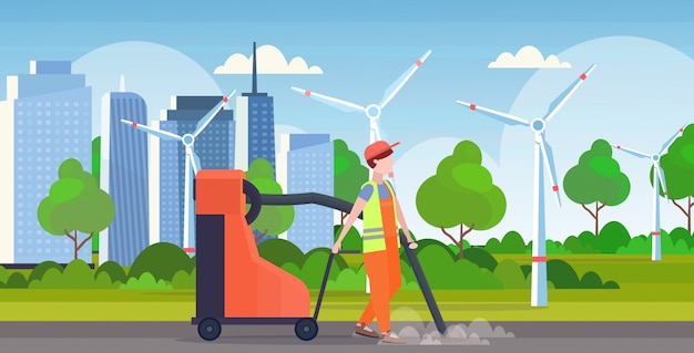 Male street janitor holding industrial vacuum cleaner man vacuuming garbage streets cleaning service concept modern wind turbines cityscape background full length flat horizontal