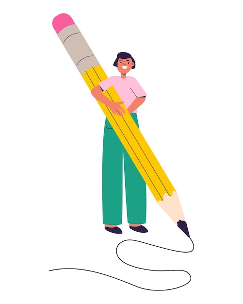 male student holding big pencil vector illustration
