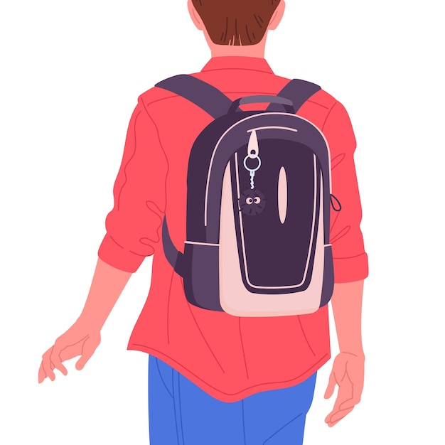 Vector male student with backpack boy carrying backpack back view guy wearing school bag flat vector illustration high school student with backpack view from back