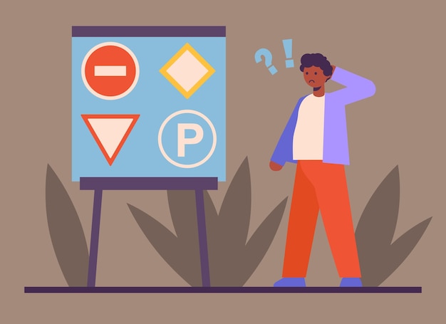 Vector male study road signs and pass test stages of learning at driving school