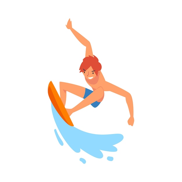 Мужчина-серфер, катающийся на океанской волне с доской для серфинга Рекреационный пляж Водный спорт Мужчина, наслаждающийся летним отдыхом Векторная иллюстрация на белом фоне