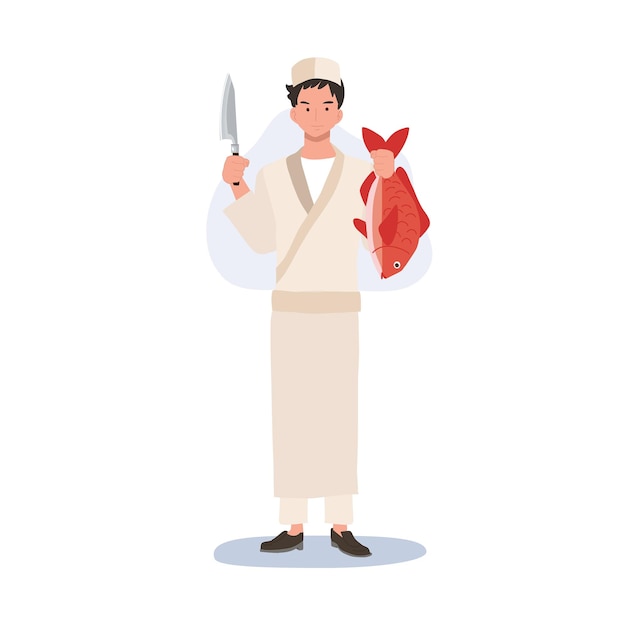 Cuoco unico di sushi maschio che tiene coltello e dentice fresco rosso fishflat illustrazione vettoriale