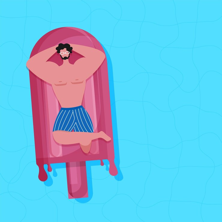 Vector male swimmer lying down on inflatable bed against blue swimming pool background
