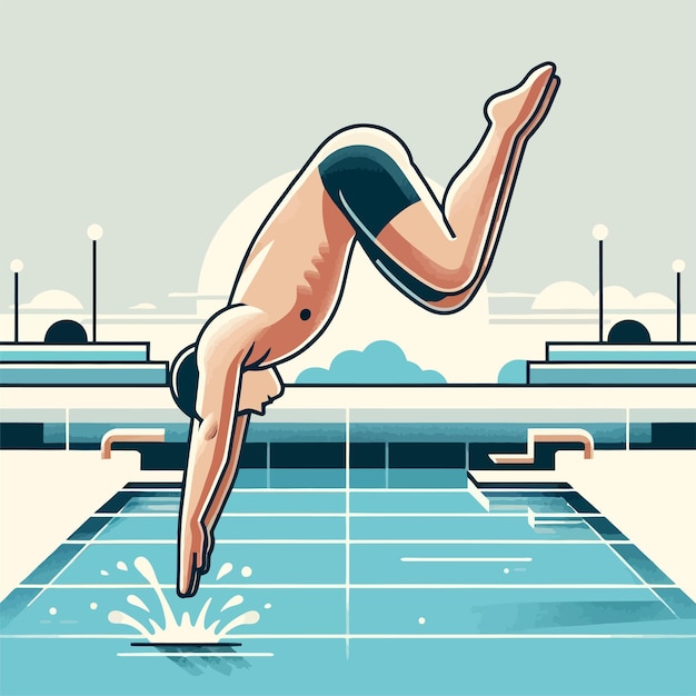 male swimming athlete jumping bellyflop into a swimming pool in a flat design illustration