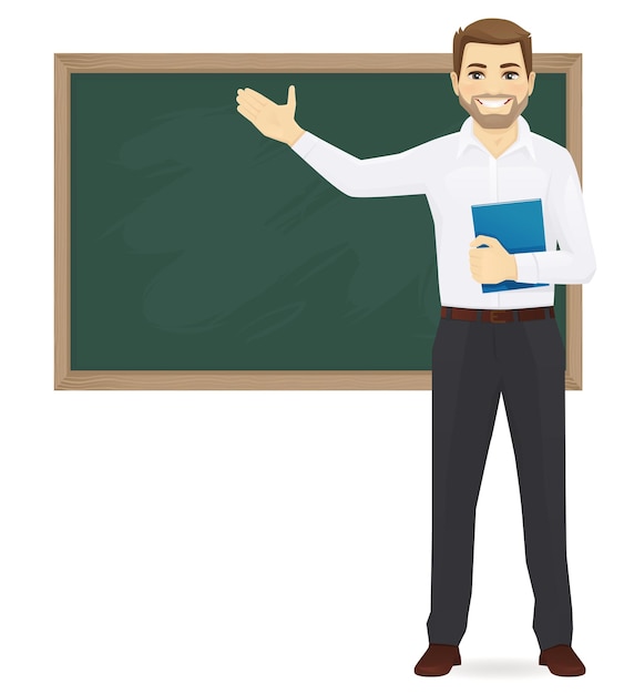 Male teacher at blackboard with copy space showing vector illustration