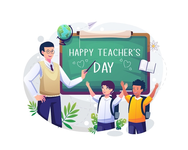 A male teacher is pointing at the blackboard that says happy teachers day illustration