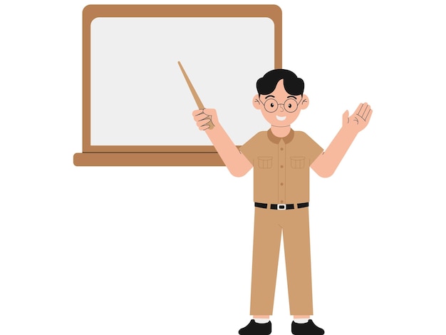 A male teacher pointing at the blackboard illustration