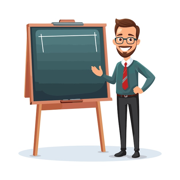Male teacher standing next to a blackboard cartoon vector art illustration