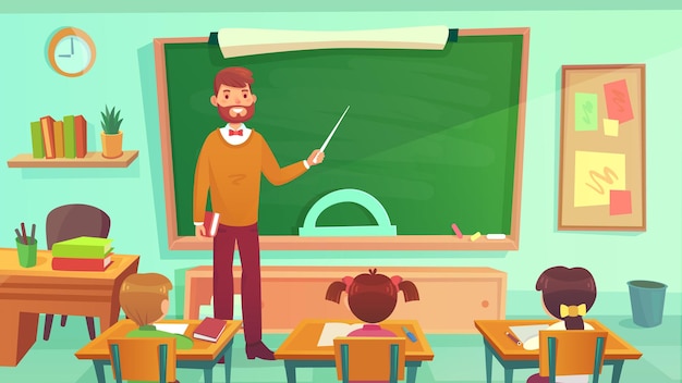 Vettore insegnante maschio insegna agli studenti nella classe di scuola elementare