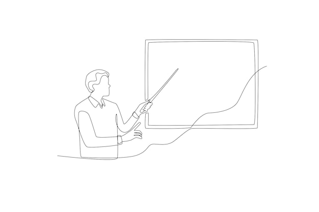 A male teacher teaching in front of the class using a stick pointer line art