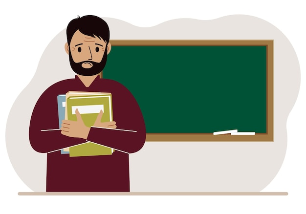 Vector male teacher with books on the background of the school board