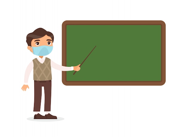 Male teacher with protective masks on his face standing near blackboard flat vector illustration. Tutor pointing at blank chalkboard in classroom cartoon character.  Respiratory virus protection, alle