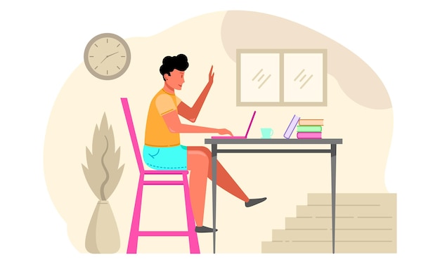 Male teen learning or working from home using laptop flat vector illustration for poster.