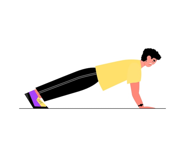 Vector male teenager doing push up fitness exercise in sport clothes with tired face