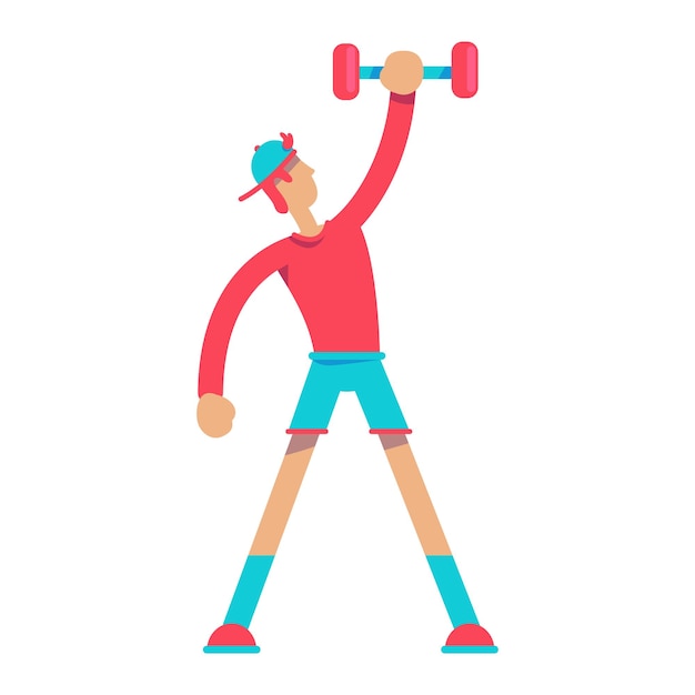 Male teenager holding dumbbell under head semi flat color vector character